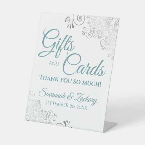 Wedding Gifts  Cards Silver Frills Teal on White Pedestal Sign