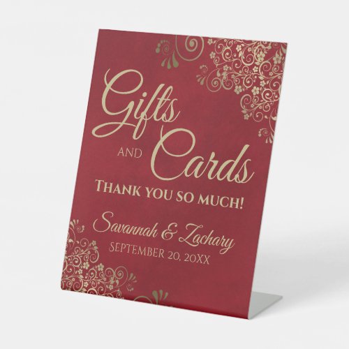 Wedding Gifts  Cards Thank You Gold Frills on Red Pedestal Sign