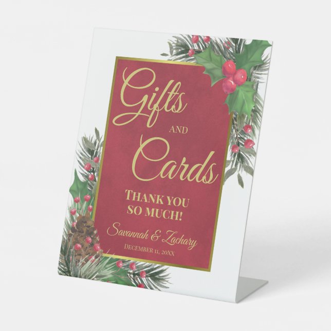 Wedding Gifts & Cards Thank You Holly & Pine Pedestal Sign (Front)