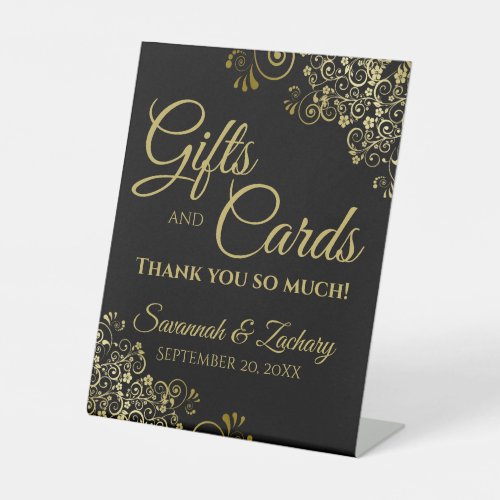 Wedding Gifts  Cards Thank You Lacy Gold on Black Pedestal Sign