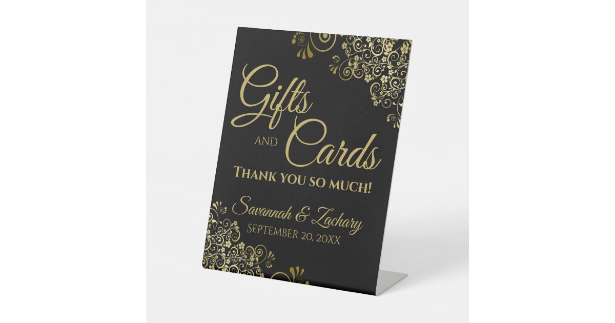 Wedding Gifts & Cards Thank You Lacy Gold on Black Pedestal Sign | Zazzle