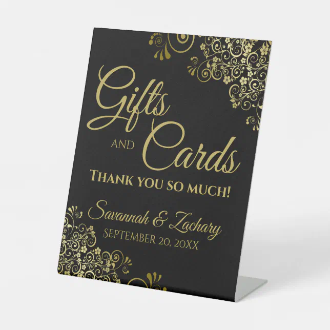 Wedding Gifts & Cards Thank You Lacy Gold on Black Pedestal Sign | Zazzle