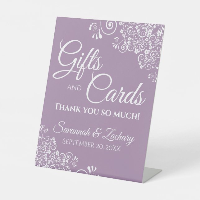 Wedding Gifts & Cards White Lace & Lavender Purple Pedestal Sign (Front)