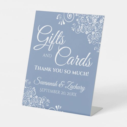 Wedding Gifts  Cards White Lace on Dusty Blue Pedestal Sign
