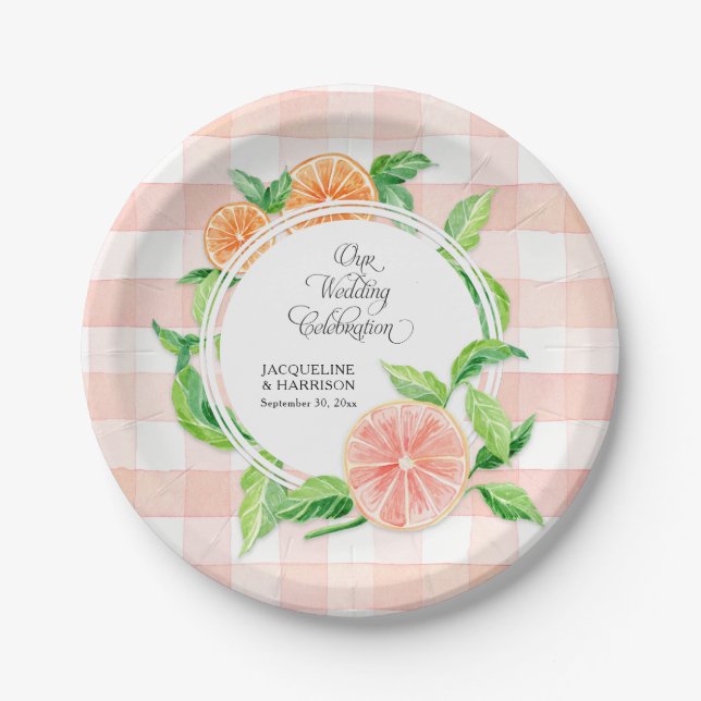 Wedding Gingham Farm Pink Striped Citrus Orange Paper Plates (Front)