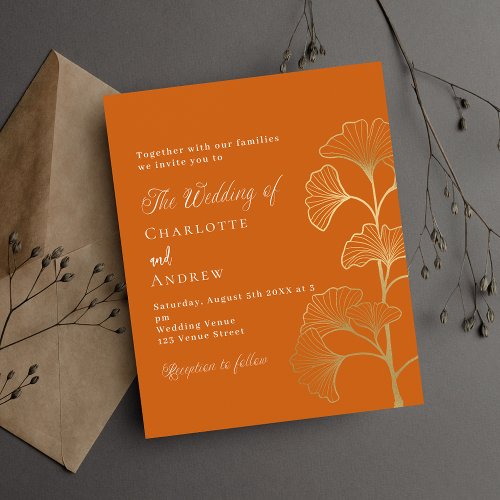 Wedding ginkgo leaf orange gold budget invitation