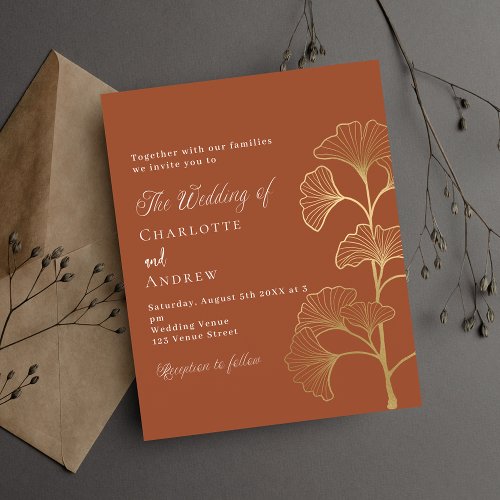 Wedding ginkgo leaf terracotta budget invitation
