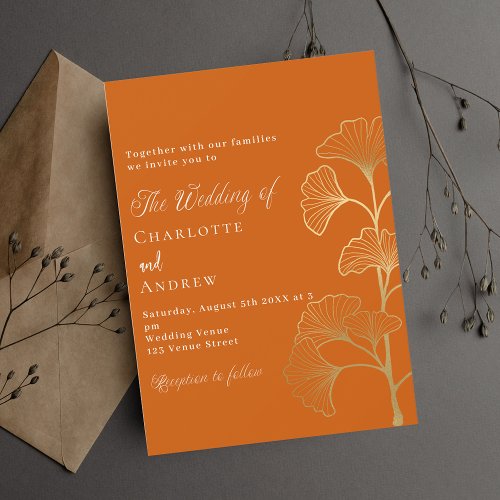 Wedding ginkgo leaves burnt orange gold invitation