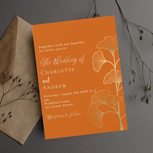 Wedding ginkgo leaves burnt orange gold luxury invitation