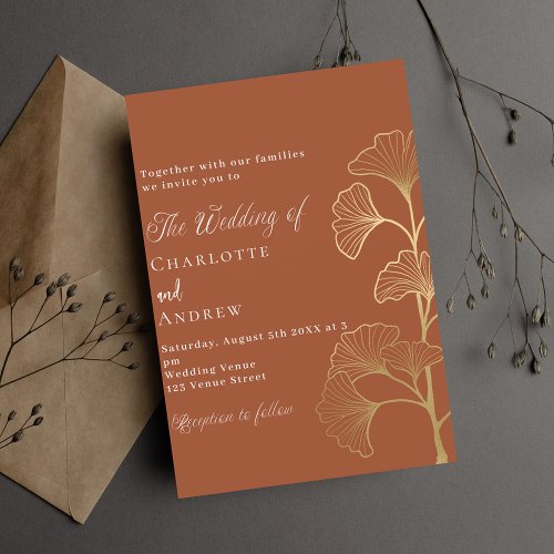 Wedding ginkgo leaves terracotta brown gold invitation