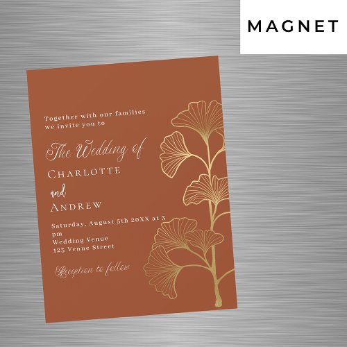 Wedding ginkgo leaves terracotta brown gold luxury magnetic invitation