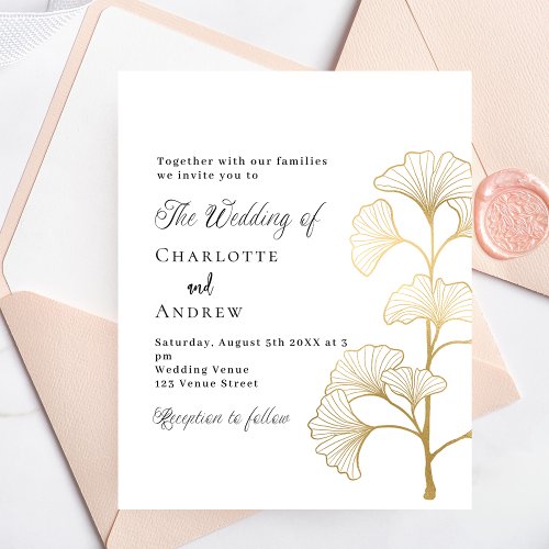 Wedding ginkgo leaves white gold budget invitation flyer