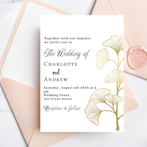 Wedding ginkgo leaves white gold script luxury invitation