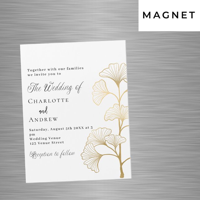 Wedding ginkgo leaves white gold script luxury magnetic invitation (Creator Uploaded)