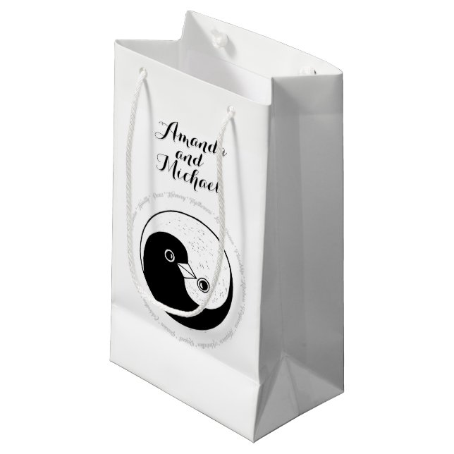 WEDDING GLOSSY GIFT BAG small. b/w YinYang doves (Front Angled)