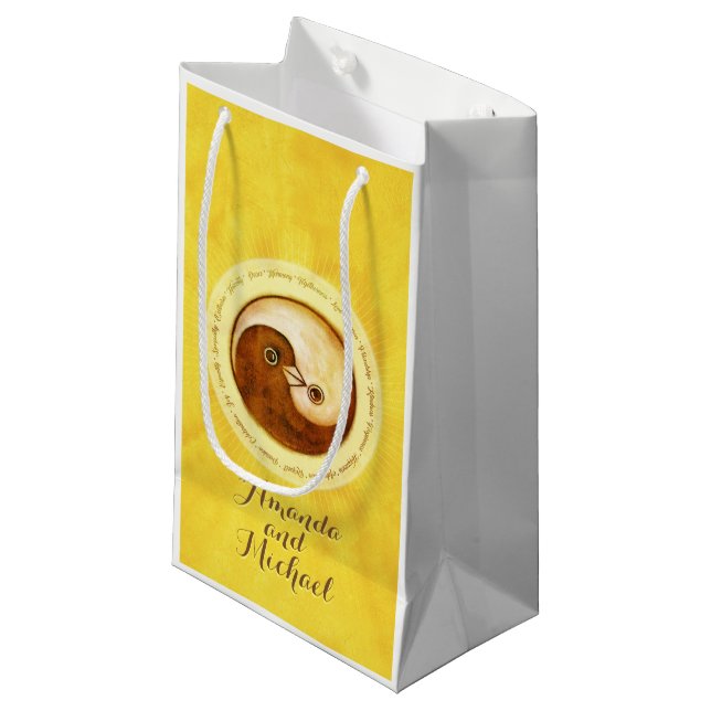 WEDDING GLOSSY GIFT BAG small. Gold YinYang doves (Front Angled)