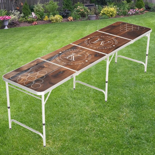 Wedding Glossy Stained Dark Wood Name & Initials Beer Pong Table (Creator Uploaded)