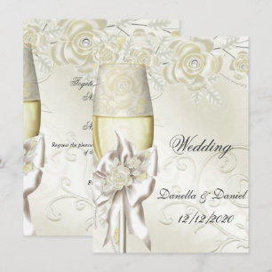 Wedding Gold Cream Pearl Floral Roses 2 Invitation