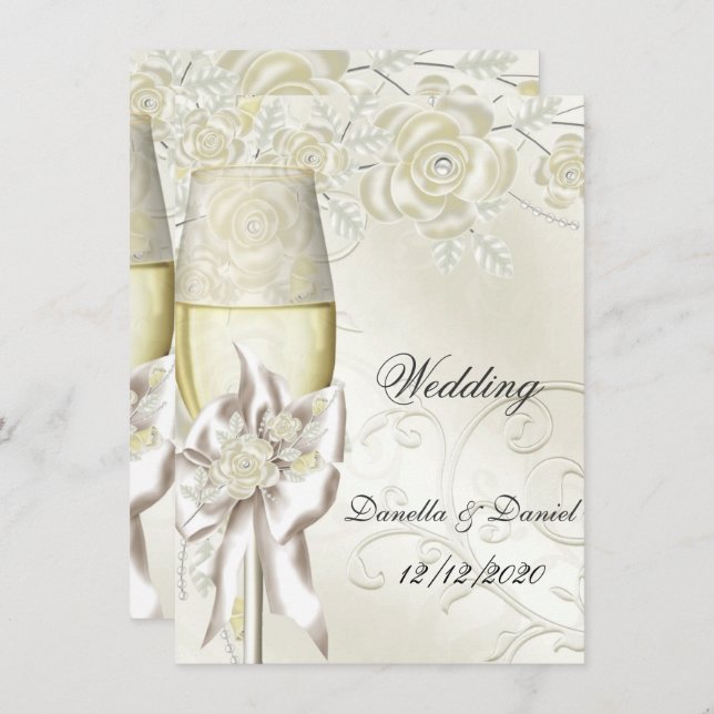 Wedding Gold Cream Pearl Floral Roses 2 Invitation (Front/Back)
