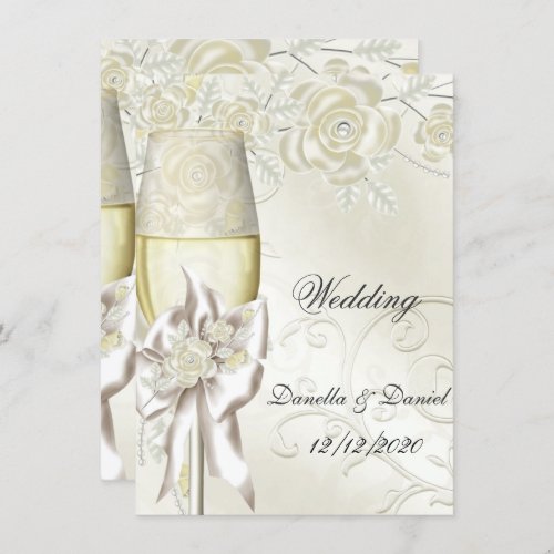 Wedding Gold Cream Pearl Floral Roses 2 Invitation