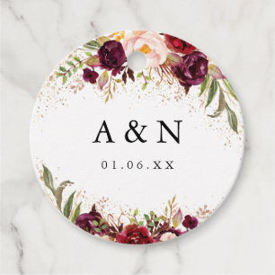 Wedding Gold Dust Burgundy Floral Favor Tags