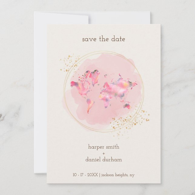 Wedding Gold Effect World Map Save The Date (Front)