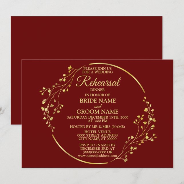 Wedding Gold Floral Wreath Red Rehearsal Dinner Invitation (Front/Back)