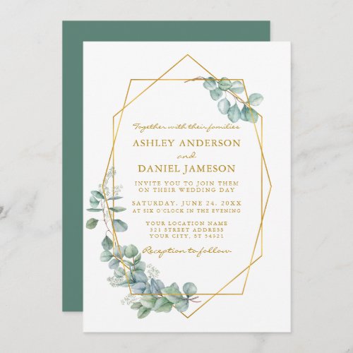 Wedding Gold Frame Watercolor Eucalyptus Greenery Invitation