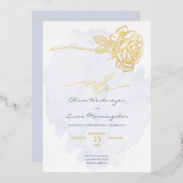 WEDDING  | Gold Gilded Rose on Dusty Blue Foil Invitation (Front/Back)