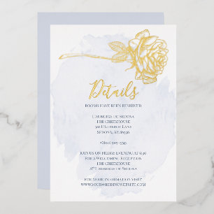 WEDDING Gold Gilded Rose on Dusty Blue Foil Invitation