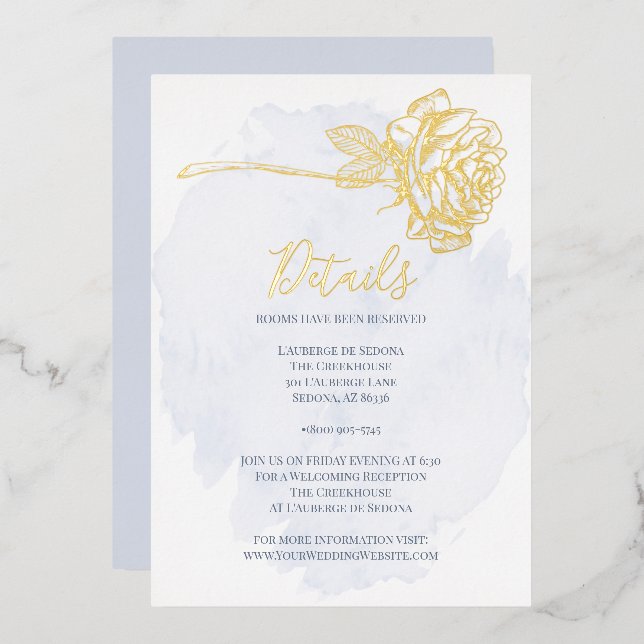 WEDDING  | Gold Gilded Rose on Dusty Blue Foil Invitation (Front/Back)
