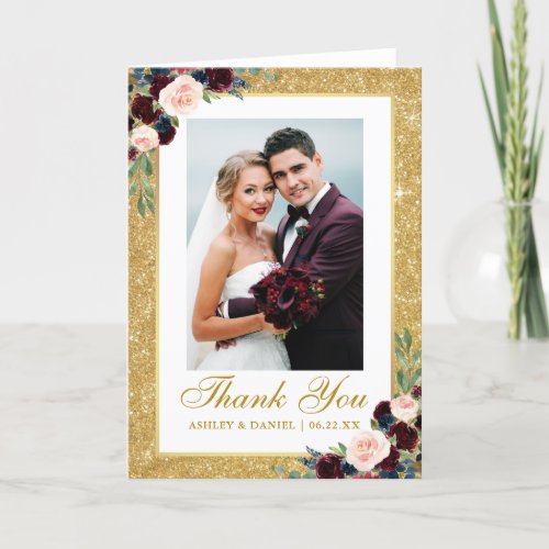 Wedding Gold Glitter Burgundy Blue Floral Fold Thank You Card