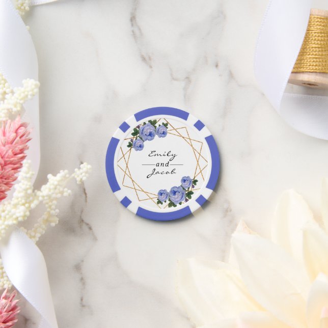 Wedding Gold Glitter Geo Blue Floral Names Date Poker Chips (Wedding)