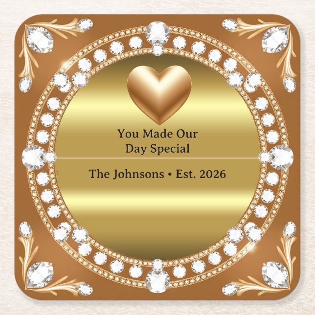 💍 Wedding Gold Heart Monogram Style 🌹 Square Paper Coaster (Front)
