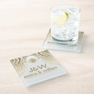 Wedding Gold Lace Custom Background Glass Coaster