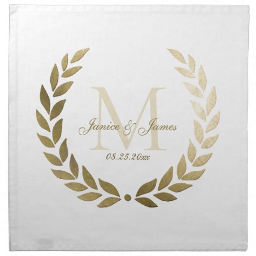 Wedding Gold Laurel Wreath Monogrammed White Cloth Napkin