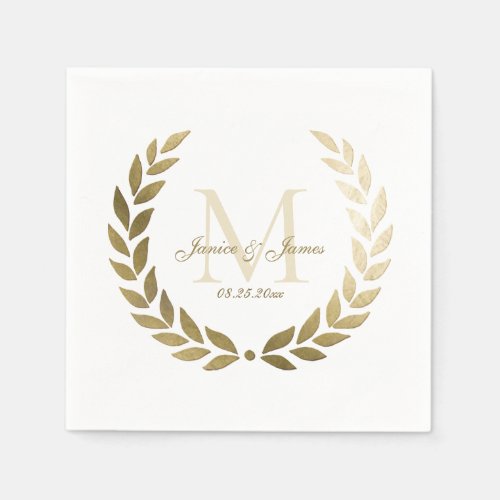 Wedding Gold Laurel Wreath Monogrammed White Napkins