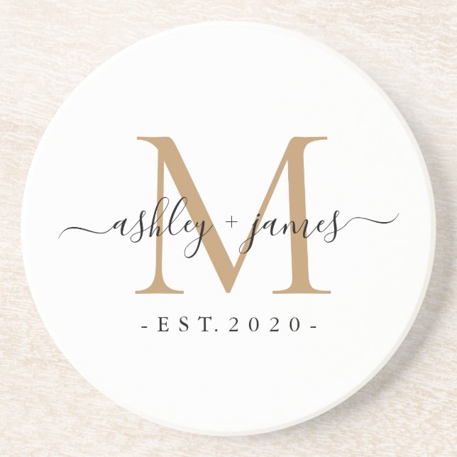 Wedding Gold Monogram Names Year Est  Coaster (Front)