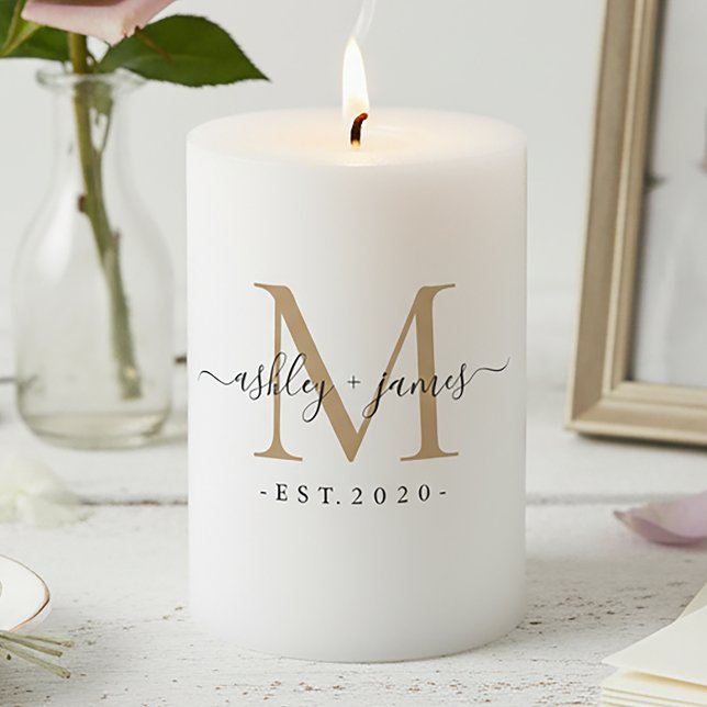 Wedding Gold Monogram Names Year Est  Pillar Candle (Creator Uploaded)