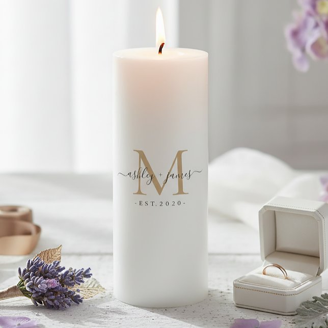 Wedding Gold Monogram Names Year Est  Pillar Candle (Creator Uploaded)