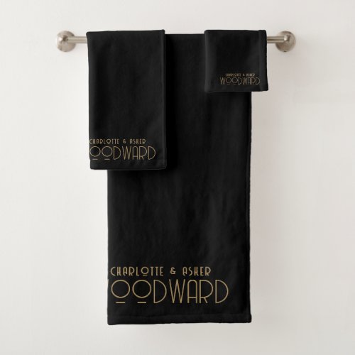 Wedding Gold Monogram Newlyweds Black Bath Towel Set