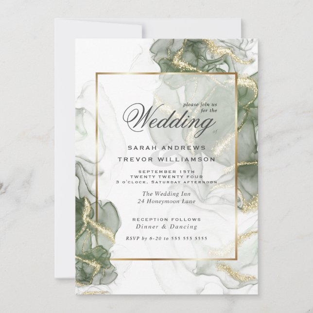 Wedding Gold Muted Sage Green Ink C Invitation (Front)
