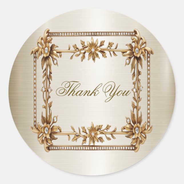 Wedding Gold Ornate Rectangle Dimond Flowers Shiny Classic Round Sticker (Front)