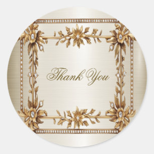 Wedding Gold Ornate Rectangle Dimond Flowers Shiny Classic Round Sticker