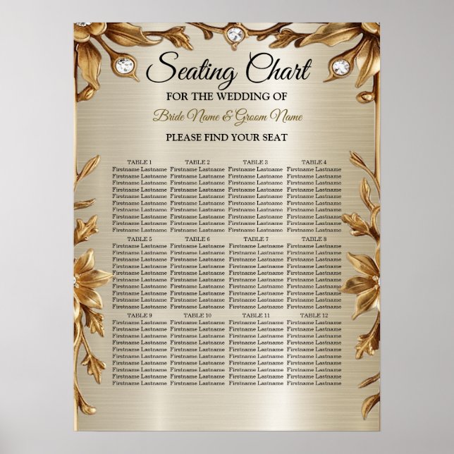 Wedding Gold Ornate Rectangle Dimond Flowers Shiny Poster (Front)