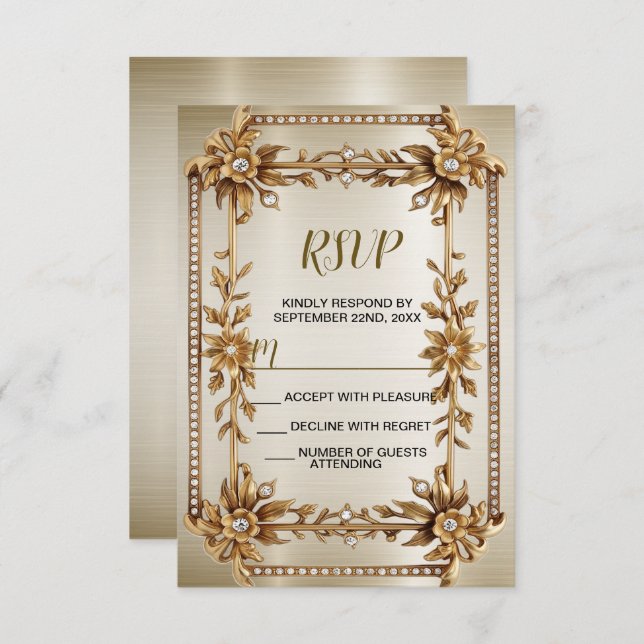 Wedding Gold Ornate Rectangle Dimond Flowers Shiny RSVP Card (Front/Back)