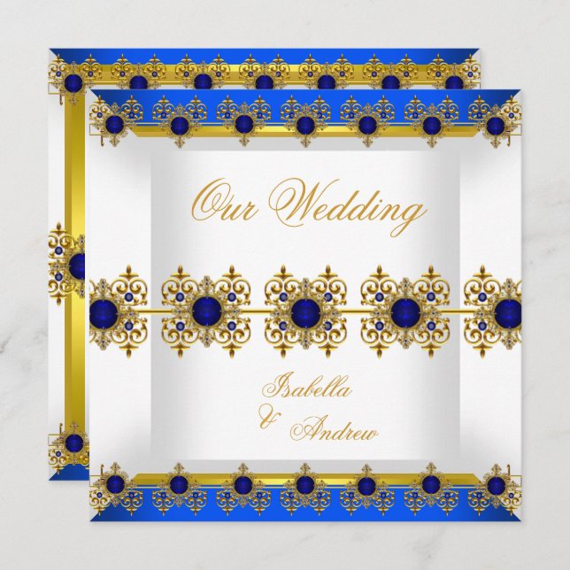 Wedding Gold Royal Blue Gem White Invitation (Front/Back)