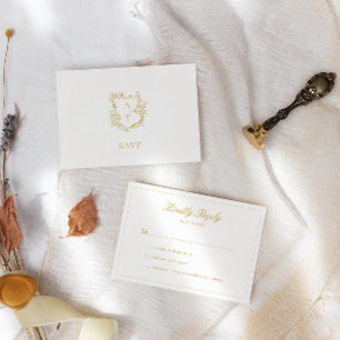 Wedding Gold Script Crest Monogram RSVP Card