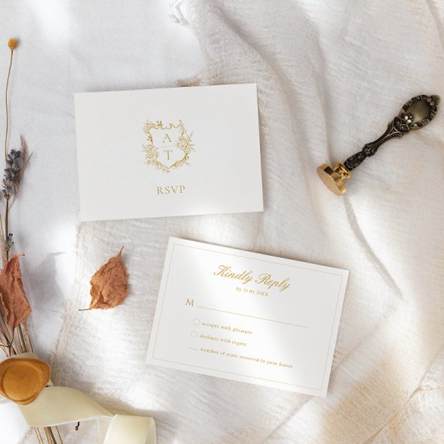 Wedding Gold Script Crest Monogram RSVP Card (Creator Uploaded)