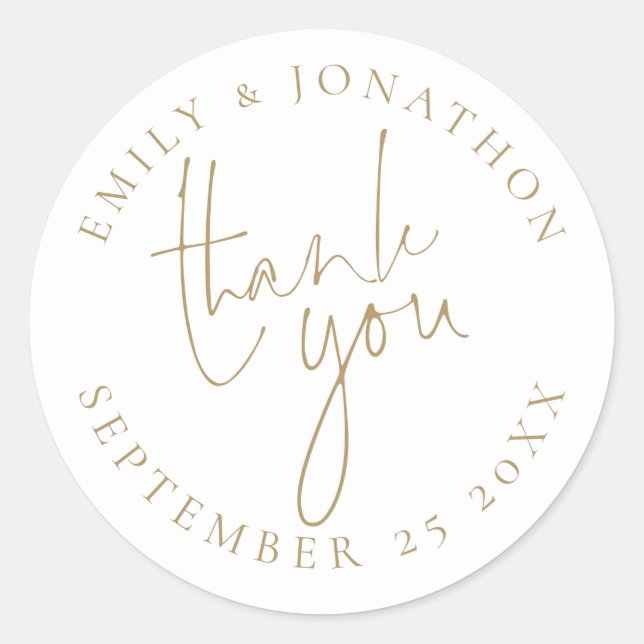 Wedding Gold Script Thank You Names Date Classic Round Sticker (Front)
